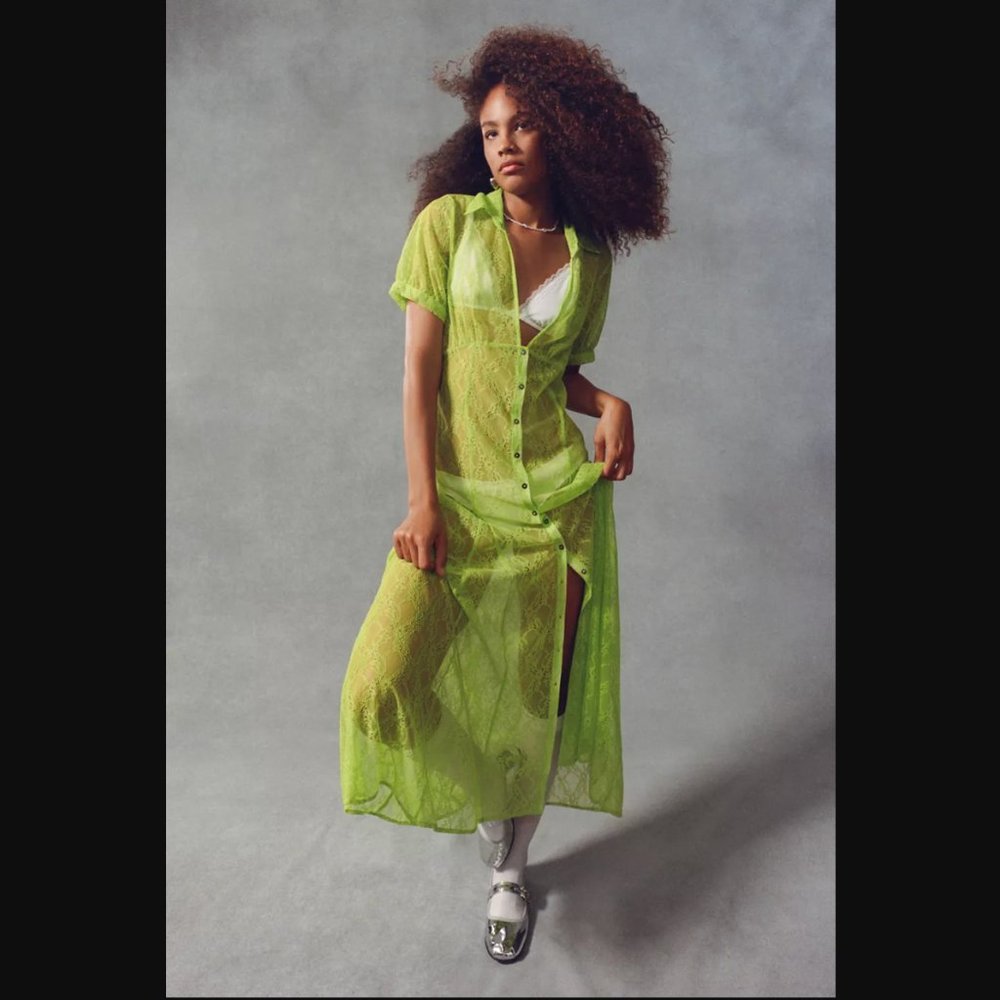 UO Connie Sheer Lace Lime Green Short Baloon Sleeve Midi Shirt Dress womens XS/S